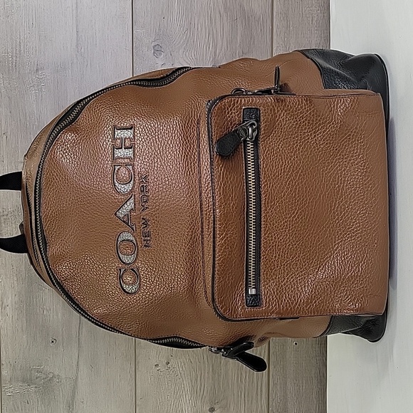 Men's Coach Brown/Black Pebble Leather Backpack F37802 - Picture 2 of 16